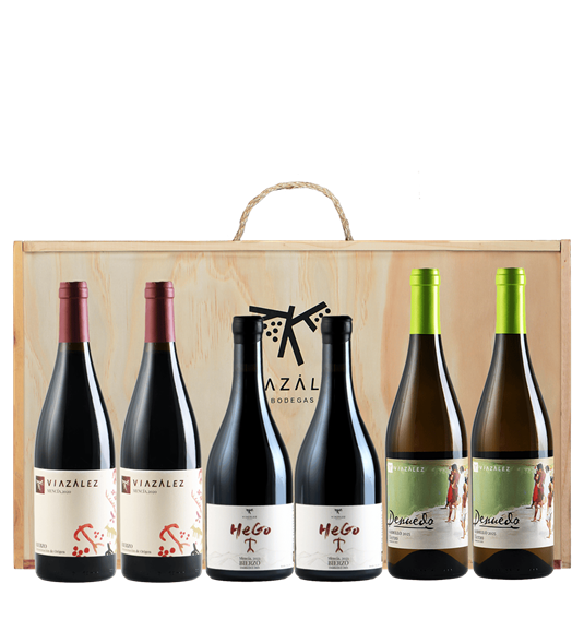Pack 6 botellas de vino Viazález, Hego, Denuedo y estuche de madera